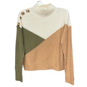 FCT‎ With Love Colorblock Mock Neck Button Shoulder Sweater L Casual Chic Preppy